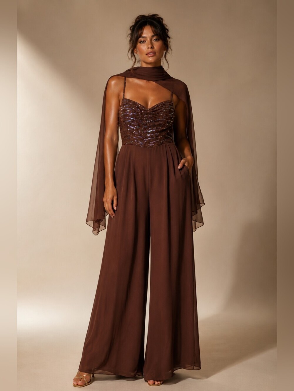 Elegant Brown Sequin Bodice Jumpsuit